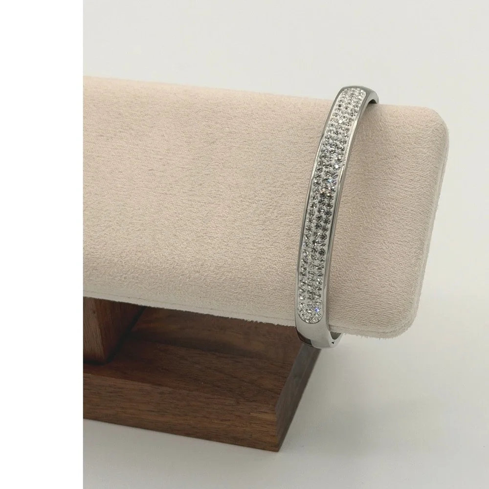 JCM Stainless Steel Hinged Bangle Bracelet Crystal Pave Silver Tone Old Money